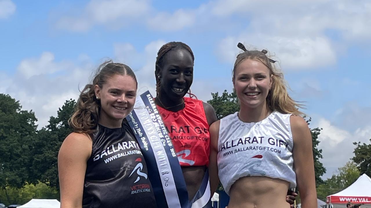 Ruby Crisp, Nyajima Jock and Mackenzie Estlick on the podium after the Ballarat Gift. Picture: Shane Jones.