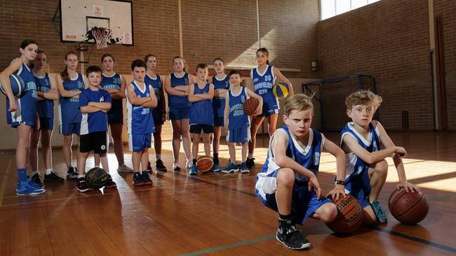 Alexander and Louis and their teammates from the Aberfeldie Jets Basketball Club are calling on the council to build a highball stadium in Moonee Valley. Picture: George Salpigtidis