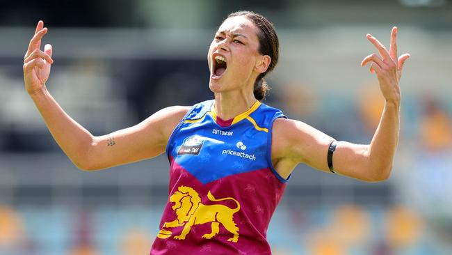 Jesse Wardlaw celebrates a big goal for the Lions. Picture: Russell Freeman/AFL Photos via Getty Images