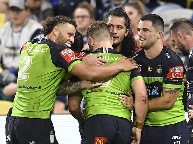 TOWNSVILLE, AUSTRALIA - APRIL 24:  George Williams of the Raiders celebrates after scoring a try  during the round seven NRL match between the North Queensland Cowboys and the Canberra Raiders at QCB Stadium, on April 24, 2021, in Townsville, Australia. (Photo by Ian Hitchcock/Getty Images)