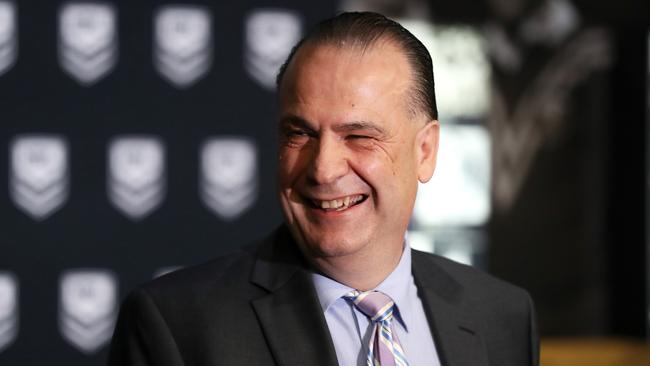 SYDNEY, AUSTRALIA - AUGUST 10: Australian Rugby League Commission Chairman Peter VÃ¢â&#130;¬â&#132;¢landys laughs as he speaks to the media during a NRL media opportunity at Rugby League Central on August 10, 2020 in Sydney, Australia. (Photo by Mark Kolbe/Getty Images)