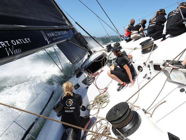 The Wild Oats X crew training on Sydney Harbour ahead of the 2018 Sydney Hobart Yacht Race. Picture: Brett Costello