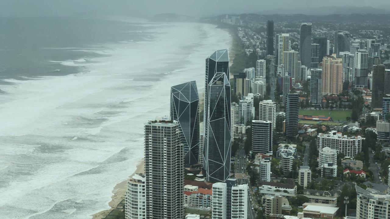 The view from Q1 of the giant surf, created by Cyclone Alfred, pounding the beachfront on the Gold Coast. Picture: Glenn Hampson