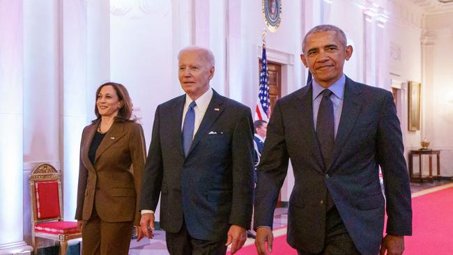 US Vice-President Kamala Harris, US President Joe Biden, and former president Barack Obama. Picture: AFP