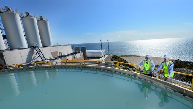 At a tour of the Adelaide Desalination Plant in 2015, plant manager Javier Artal and chairman Lew Owens near the Lime Clarifier. Picture: Mark Brake