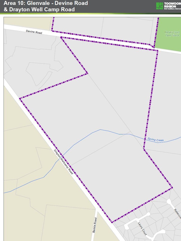 Land parcels impacted by the Toowoomba Regional Council's new temporary local planning instrument. Glenvale.