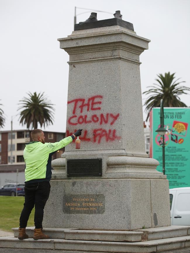 The statue of Captain Cook in St Kilda was cut down on Thursday night. Picture: David Crosling