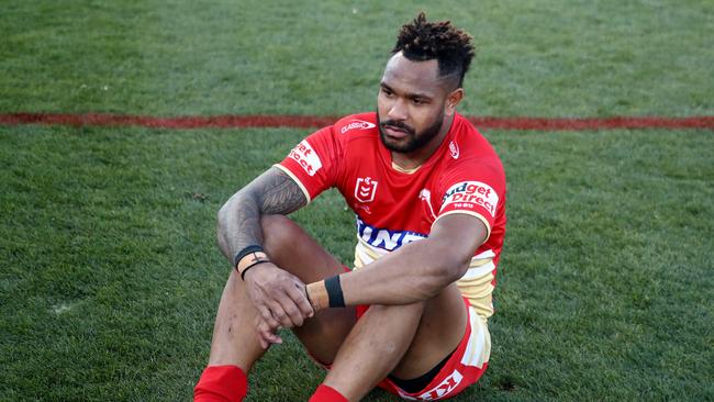 PENRITH, AUSTRALIA - JULY 21: Hamiso Tabuai-Fidow of the Dolphins looks dejected during the round 20 NRL match between Penrith Panthers and Dolphins at BlueBet Stadium on July 21, 2024 in Penrith, Australia. (Photo by Jason McCawley/Getty Images)