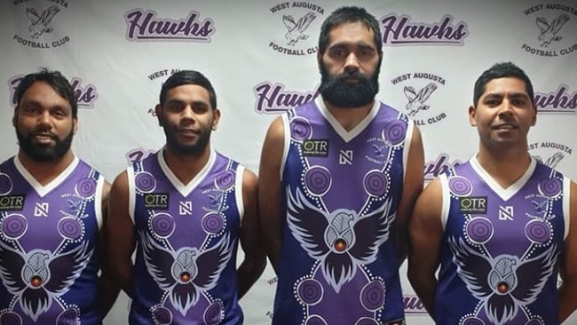 West Augusta Hawks players in their indigenous jumper designed by Heather Kamarra Shearer, Arrernte Artist with direction and inspiration from West Augusta Football Club players.