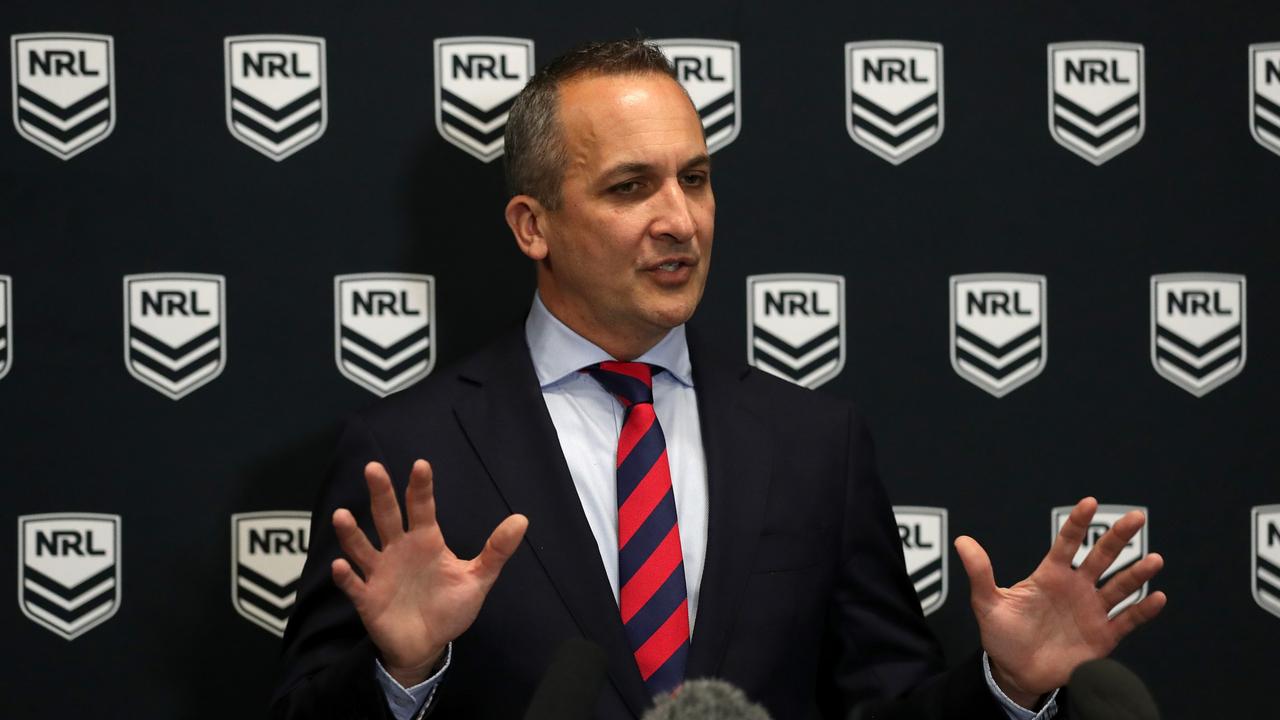 SYDNEY, AUSTRALIA - OCTOBER 13: NRL CEO Andrew Abdo speaks to the media during a press conference at Rugby League Central on October 13, 2021 in Sydney, Australia. (Photo by Mark Metcalfe/Getty Images)