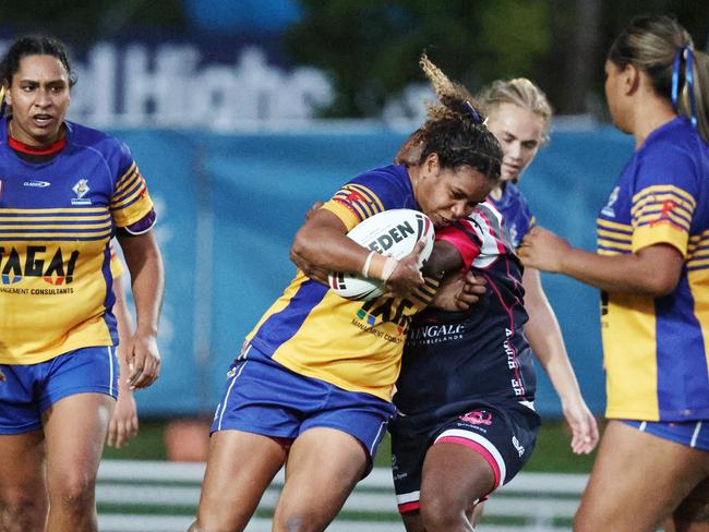 Roos captain Genavie Tabuai runs hard in the Far North Queensland Rugby League (FNQRL) women's grand final match against the Atherton Roosters at Barlow Park. Picture: Brendan Radke