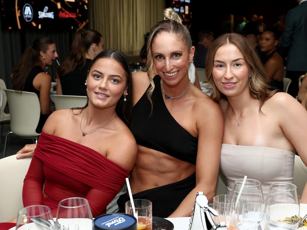 Dallas Loughridge, Rebecca Cole and Paige Burrows of the Flyers pose for a photo at the 2025 WNBL Awards Night. Photo by Graham Denholm/Getty Images for WNBL