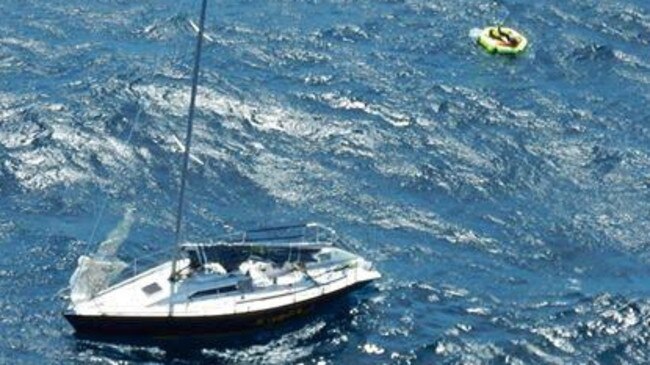 A 62-year-old Sydney sailor was rescued from this stricken yacht off Tasmania's East Coast earlier today. Picture: WESTPAC RESCUE HELICOPTER