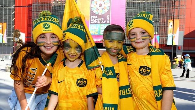 FIFA quarter final match between Australia Matildas and France from Stadium Brisbane - Leila Alexiou, Talya Hopman, Sonny Hopman and Leonardo Alexiou Saturday 12th August 2023 Picture David Clark