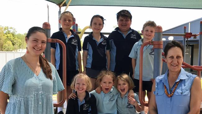 St Finbarr's Quilpie prep students  Camilla, Bailey, Indie, Hannah, Mason, Charlie, Walter with teacher Mrs Hennessy and teacher Aid Miss Janell.