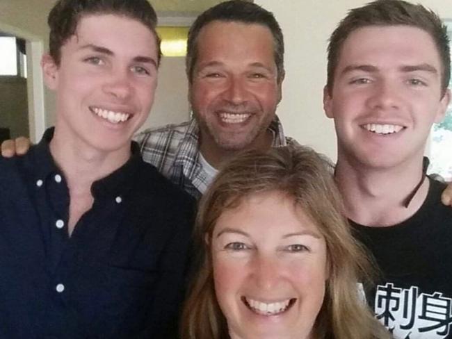 Layne Visser, 49, centre, was a popular teacher at Barrenjoey High. Pictured with his stepsons Harry, left, Jerome, right, and wife Michaela, 51, front. Picture: Supplied.