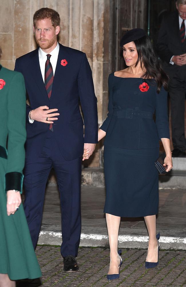 Prince Harry, Duke of Sussex and Meghan, Duchess of Sussex leave after attending a service marking the centenary of WW1 armistice at Westminster Abbey on November 11, 2018 in London, England. Picture: Leon Neal/Getty Images