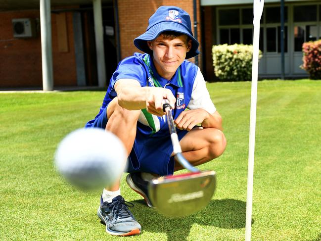 Ignatius Park College student Darcy Keir 16 on the school's putting green. Picture: Alix Sweeney