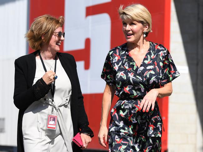 Village Roadshow Studios president Lynne Benzie and Federal Minister for Foreign Affairs Julie Bishop at the studios after the Federal Government announced a four-year $140 million location incentive for big budget films. Picture: AAP Image/Dan Peled.