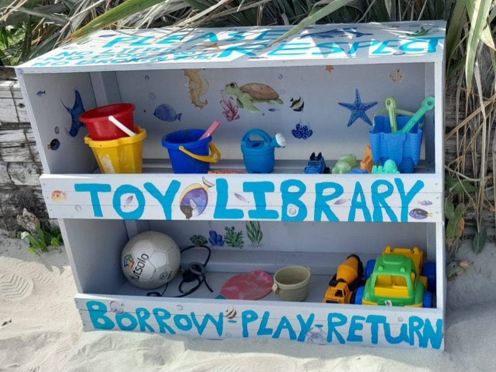 A woman shared a photo of a ‘beach toy library’ she made for her local beach in South Australia. Picture: Facebook