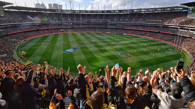 Tigers fans celebrate at the MCG. Picture: Jason Edwards