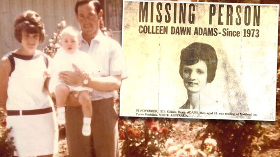 Colleen Adams with husband Geoffrey and a child. Inset: A missing person poster.