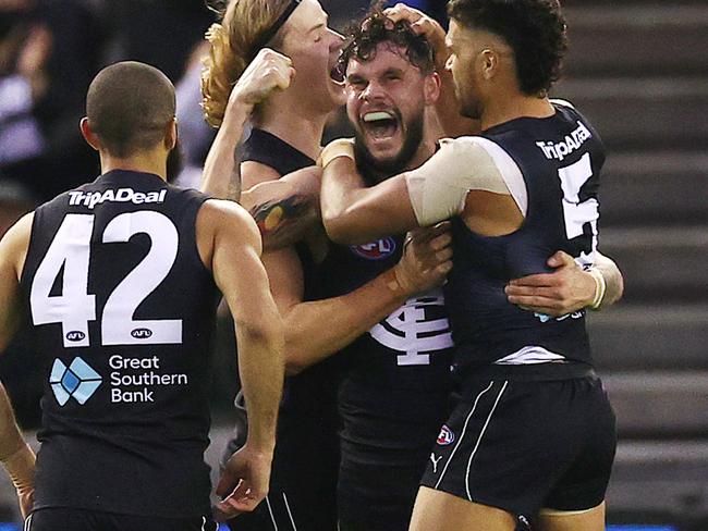 AFL Round15 .Carlton vs Adelaide at Marvel Stadium, Melbourne. 27/06/2021.   Zac Williams of the Blues celebrates a 2nd qtr goal   .  Pic: Michael Klein