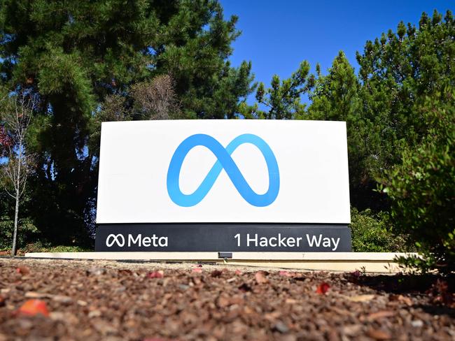 The Meta logo marks the entrance of their corporate headquarters in Menlo Park, California. Picture: AFP