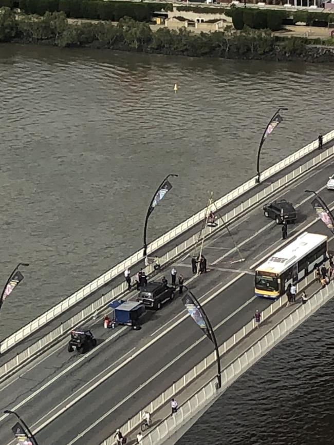 The Extinction Rebellion protest blocking Victoria Bridge in the CBD.