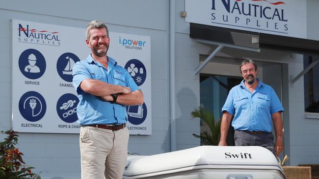 Nautical Supplies Managing Director Matt Punch and North Queensland Regional Manager Steve Burcher outside the new store, which will sell all manner of nautical equipment up to small inflatable watercraft. Picture: Brendan Radke