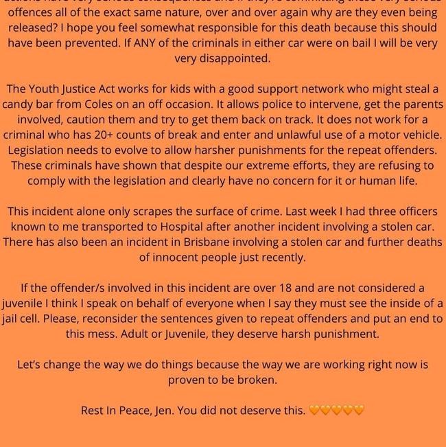 A passioante plea for Youth Justice reforms posted by a police officer and close friend of Jennifer Board's after her death. Picture: supplied