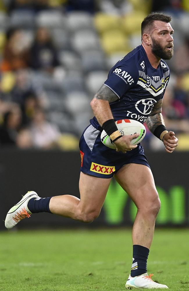 Kyle Feldt of the Cowboys runs the ball during round 18. (Photo by Ian Hitchcock/Getty Images)