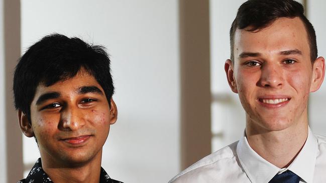 Darwin High School graduate Nafi Mazid, 18 and Good Shepherd Lutheran College graduate Connor Marshall, 17 pose for a photo at Parliament House on Tuesday, December 18, 2018. Both students received an impressive ATAR Picture: Keri Megelus