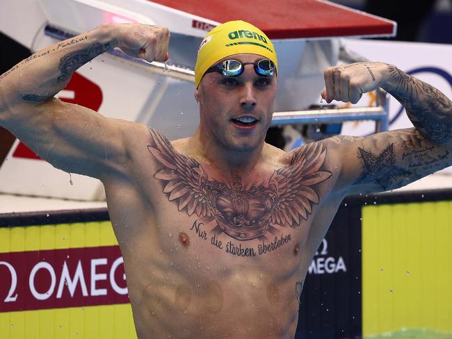 FUKUOKA, JAPAN - JULY 27: Kyle Chalmers of Team Australia celebrates winning gold in the Men's 100m Freestyle Final on day five of the Fukuoka 2023 World Aquatics Championships at Marine Messe Fukuoka Hall A on July 27, 2023 in Fukuoka, Japan. (Photo by Clive Rose/Getty Images)