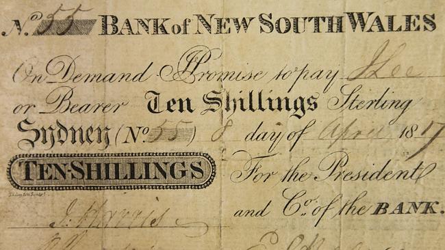 History. . Australia's first bank note printed by the Bank of NSW in 1817. Courtesy the Australian Museum