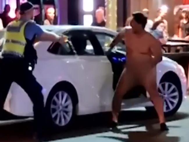 Puhi Clark, 23, the man who went on a naked rampage through a Perth night spot. appeared in the Perth Magistrates Court to face several charges after he tried to carjack an Uber and assault an police officer. Picture: 7News