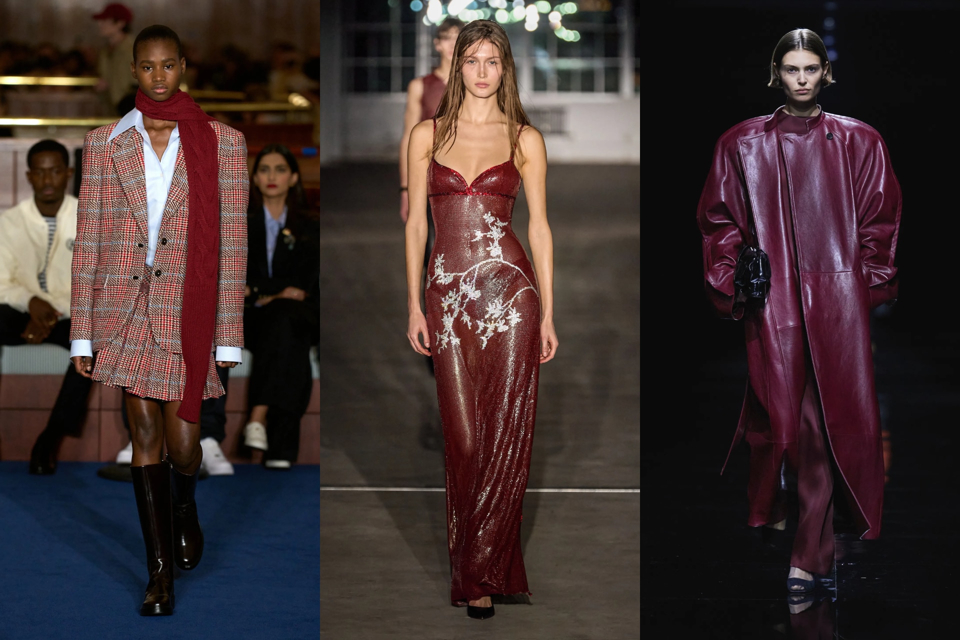 <p><i>Above (L-R): Tommy Hilfiger, Ludovic de Saint Sernin, Khaite</i></p><h2><b>Beet red</b></h2><p>Seasons after Sabato de Sarno debuted as creative director of Gucci and painted the runway Ancora red, we still can&rsquo;t get enough. Cranberry, crimson, scarlet, maroon&mdash;the shades were adopted by the style set as <a href="https://www.vogue.com.au/fashion/trends/pop-of-red-trend/image-gallery/3f9c58ca48994bdf18ae040e3943065a" target="_blank" rel="noopener">accents</a>; suddenly the streets were teeming with sartorialists breaking up monochrome outfits with a red scarf, or shoe, or bag, or sweater. The keynote red for autumn/winter &rsquo;24/&rsquo;25 is decidedly moodier. At Eckhaus Latta, Altuzarra and Tommy Hilfiger, burgundy coloured scarves, totes and twinsets, while at Khaite, it was the statement hue on molten skirts and imposing leather coats.</p>