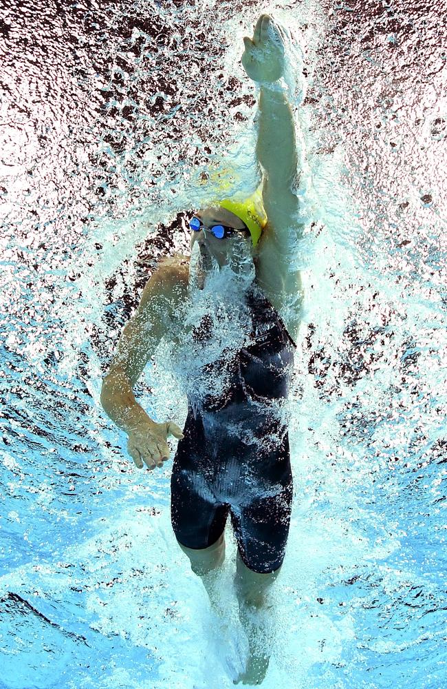 Motoring: Cate Campbell swims the final leg with a flying start in a gobsmacking 51 seconds flat.