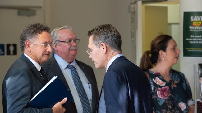 Keith Rhoades in July 2019 with Crs Paul Amos and Tegan Swan who walked out of a meeting in opposition to a vote on the Cultural and Civic Space. Cr Amos speaks with Cr Michael Adendorff who was keen to progress with the vote.