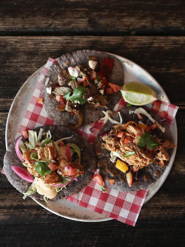 Beef, pork and chicken tacos. Grinners Dive Bar in North Hobart. Picture: NIKKI DAVIS-JONES