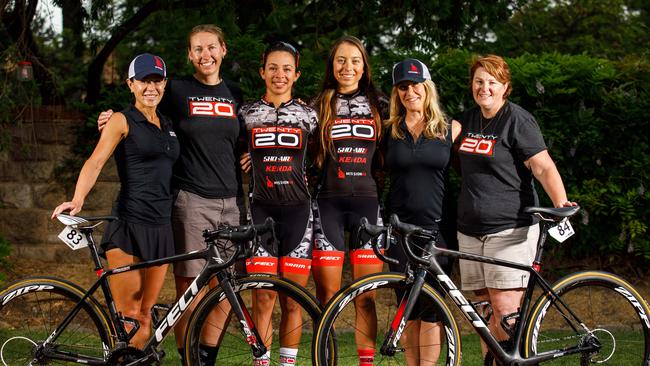 The world's only all-women pro cycling team, Twenty20 presented by Sho-Air. From left, Mari Holden, Gemma Kernich, Marlies Mejias Garcia, Shayna Powless, Nicola Cranmer and Sonya Simpson. Picture: AAP Image/James Elsby