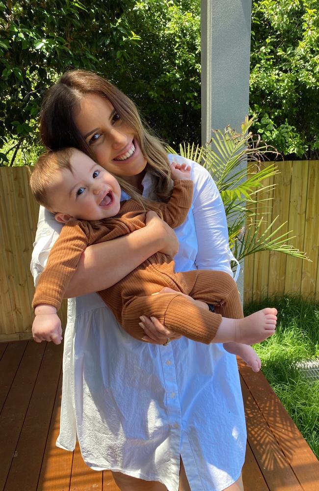 New mum Melanie Maizell who has the BRCA breast cancer gene with baby Levi. Picture: Supplied