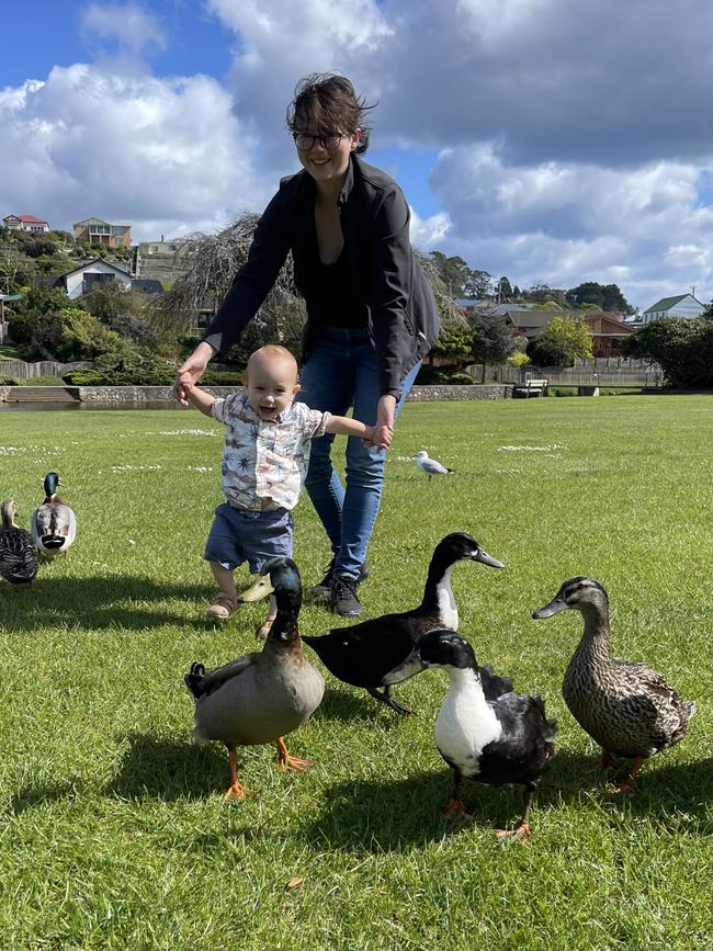 Mum Joanna Benjamin with son George van Essen getting up close with some ducks. Picture: Supplied