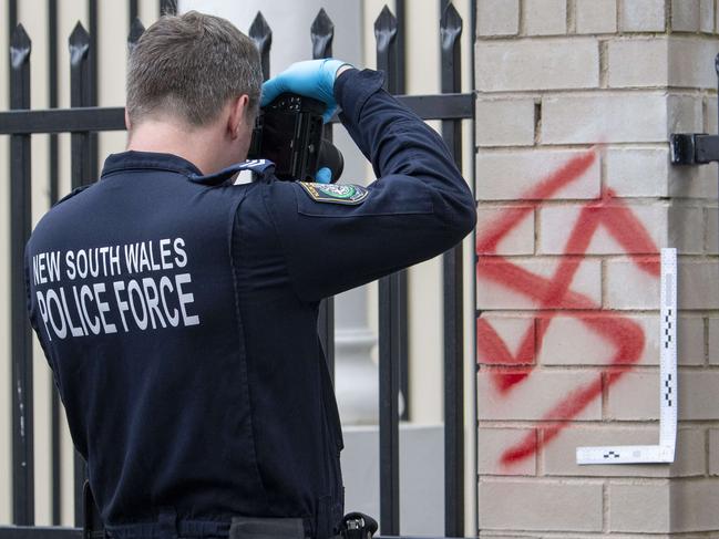 SYDNEY, AUSTRALIA - NewsWire Photos - JANUARY 11, 2025: Anti semitic attack on the Newtown Synagogue, Sydney. Crime scene has been established. Picture: NewsWire / Simon Bullard.