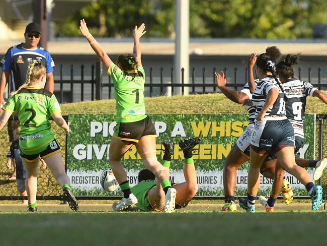 Palmerston Raiders celebrate a try in the Womens NRLNT Grand Final 2022. Picture: (A)manda Parkinson