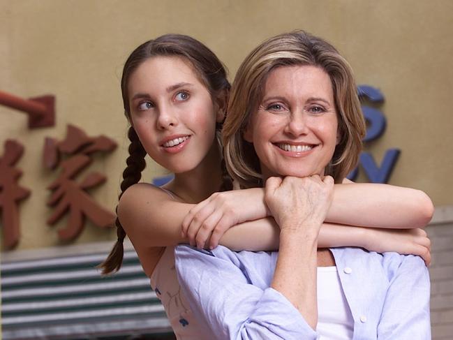 Olivia Newton John with daughter Chloe Lattanzi at MovieWorld on the Gold Coast in 2001. Picture: Adam Ward