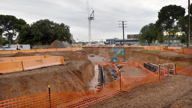 Work on the O-Bahn extension in Adelaide's East End. Picture: NAOMI JELLICOE