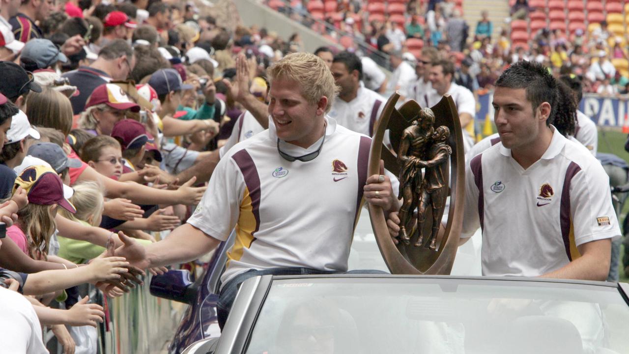 Broncos victory parade around Suncorp Stadium, Brisbane. Ben Hannant and Darius Boyd. PicGlenn/Hampson