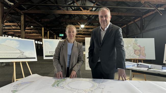 Anne Beach from the Mac Point Development Corporation with Sports Minister Nic Street as application for proposed Macquarie Point Stadium is released. Picture: Nikki Davis-Jones