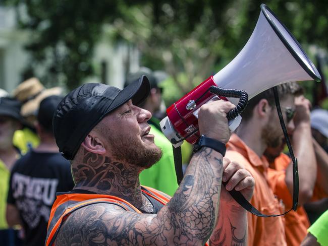 CFMEU members march along George St to parliament. Picture: NewsWire / Glenn Campbell